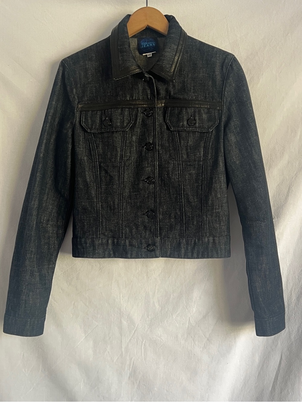 Kenzo Jeans Y2K Denim Jacket Leather Trim Logo Buttons Cropped Italy 40 S/M